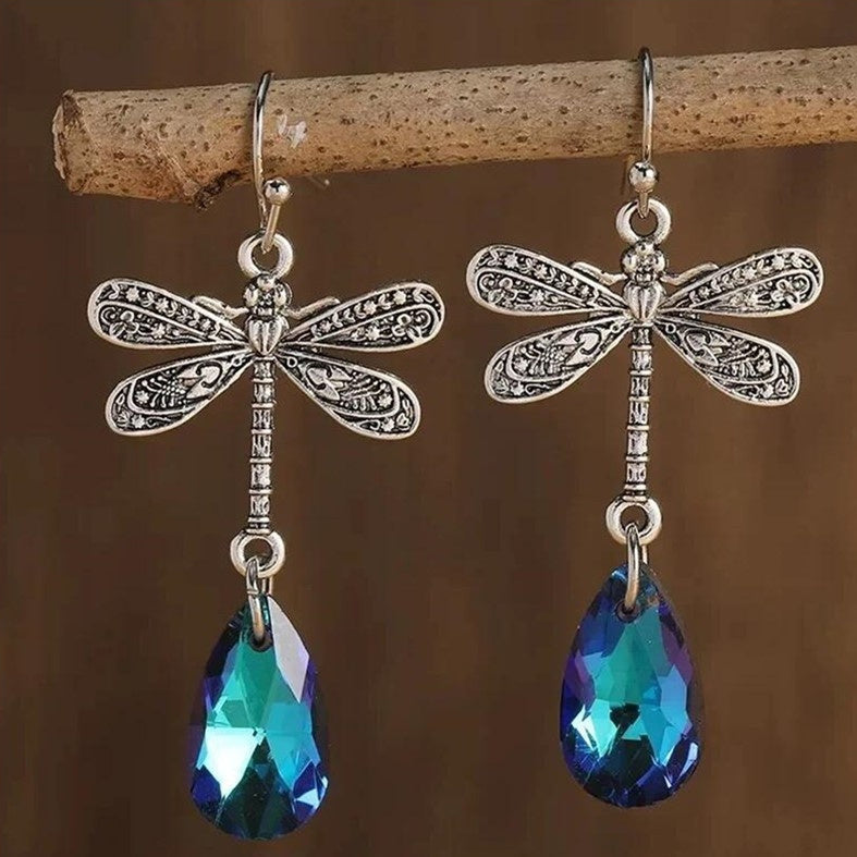 Dark Night Engraved Dragonfly Sapphire Water Drop Pendant Earrings