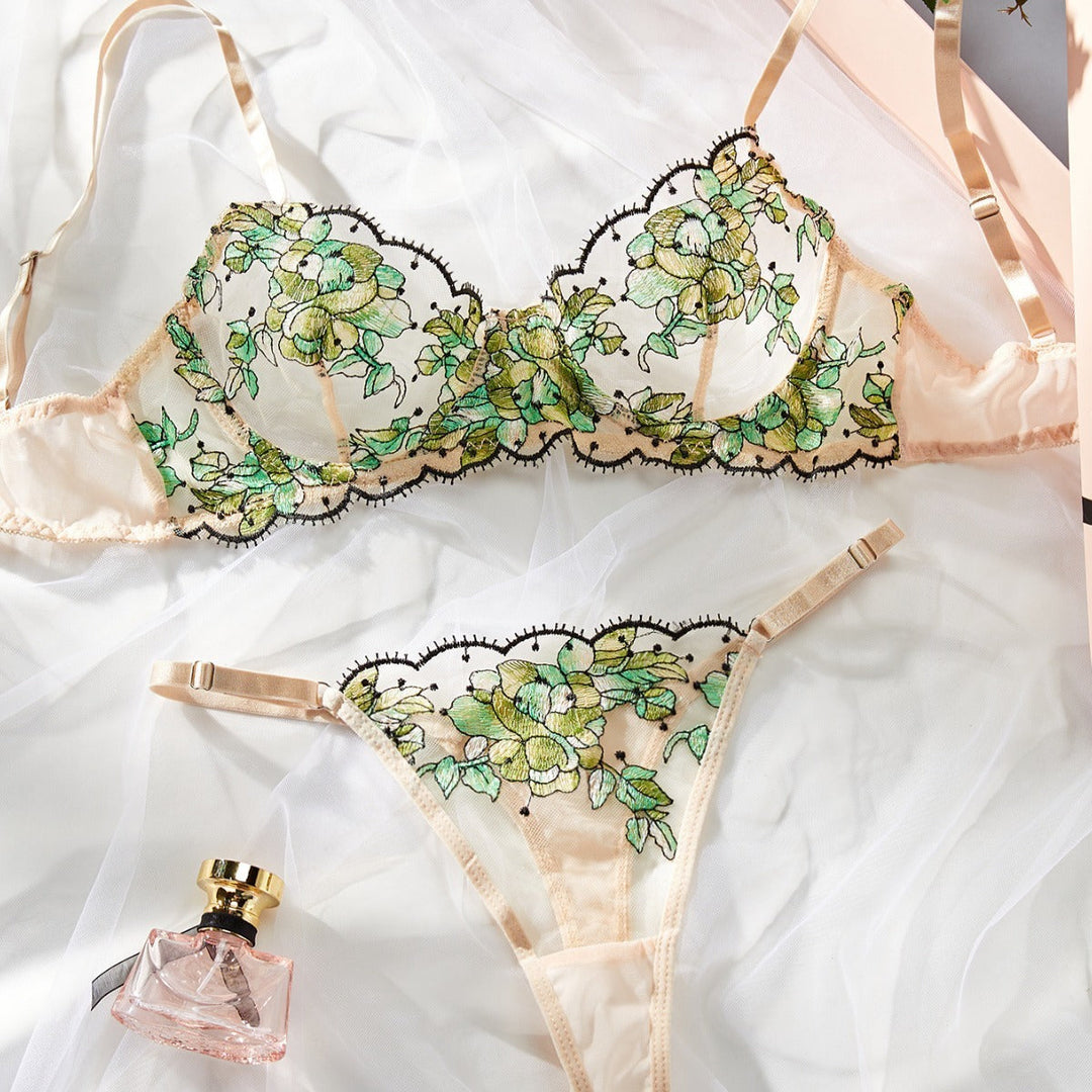 Women's Mesh Multi-color Embroidery Transparent Underwear Suit