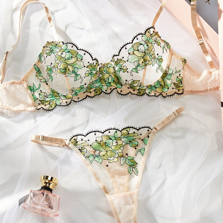 Women's Mesh Multi-color Embroidery Transparent Underwear Suit