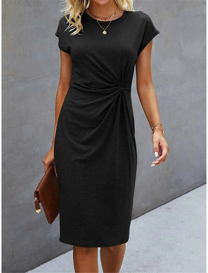 Women's Casual Tight Front Knot Round Neck Mid-length Dress