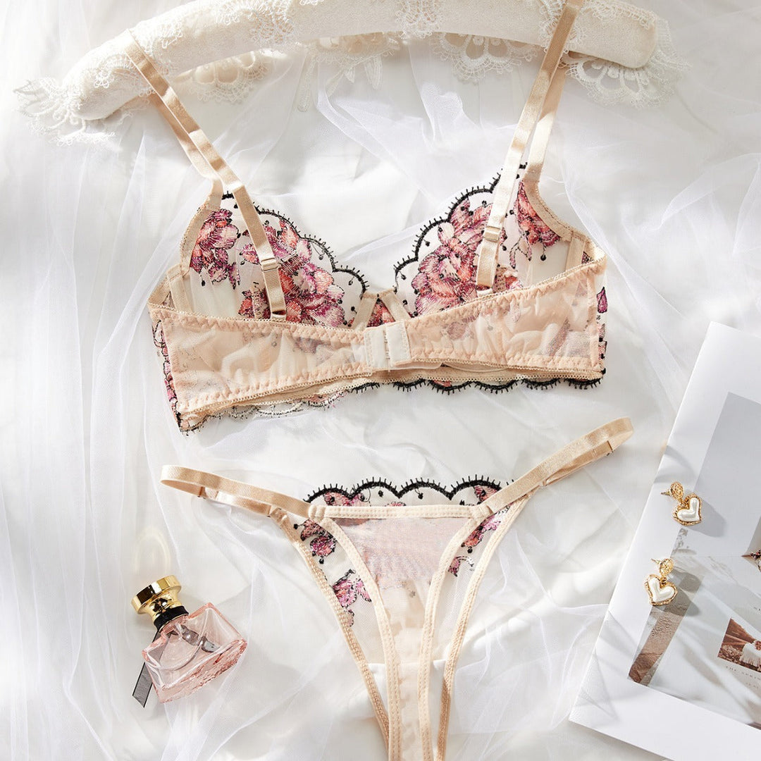 Women's Mesh Multi-color Embroidery Transparent Underwear Suit
