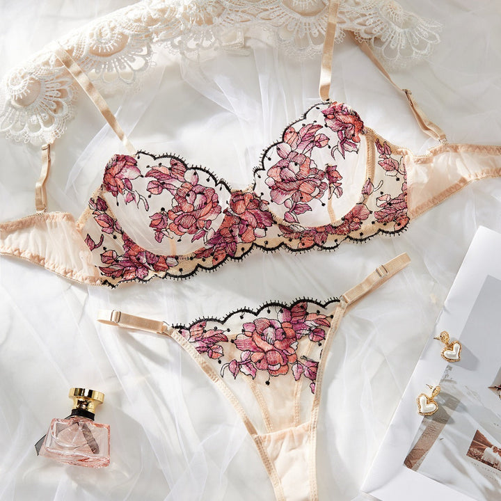 Women's Mesh Multi-color Embroidery Transparent Underwear Suit