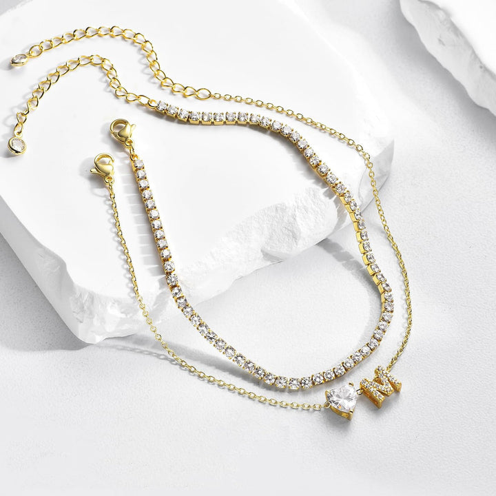 26 Letters Loving Heart Zircon Inlaid Layered Anklet