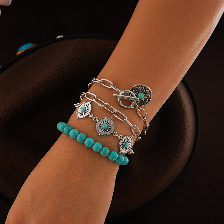 4-piece Set Turquoise Cowboy Hat Cross Chain Bracelet Suit
