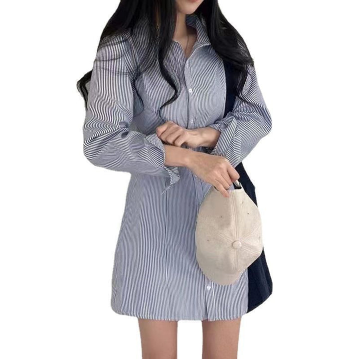 Striped Long-sleeved Shirt Dress Women's Single-breasted Skirt