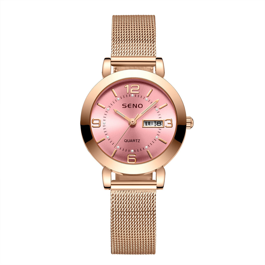Night Light Waterproof Dual Calendar Women's Alloy Quartz Watch