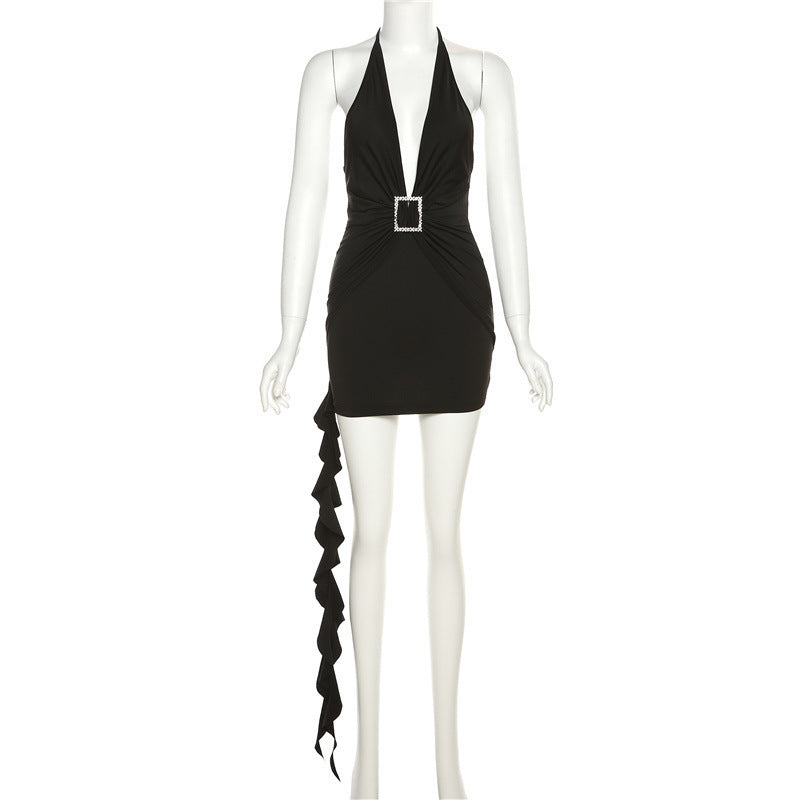 European And American Fashion & Trend Sexy Halter Backless Slim Fit Sheath Solid Color Dress