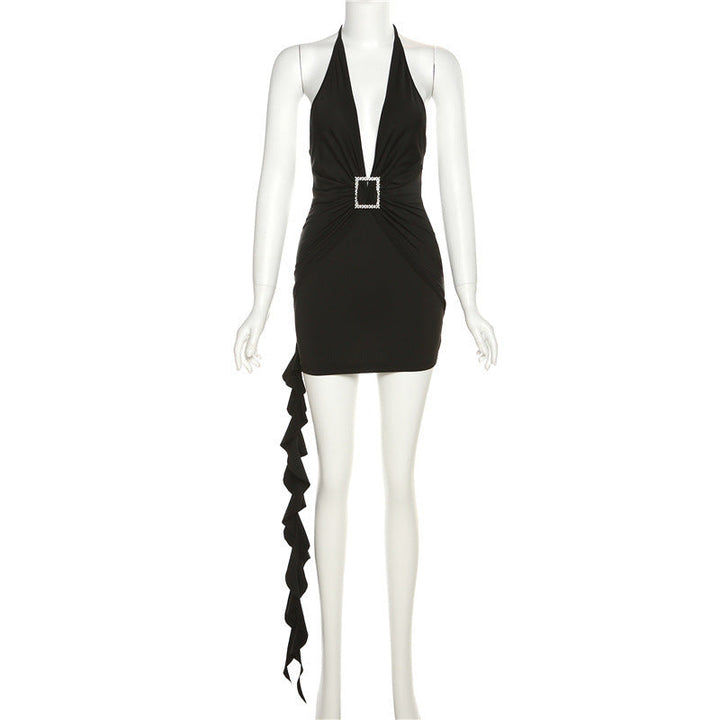 European And American Fashion & Trend Sexy Halter Backless Slim Fit Sheath Solid Color Dress