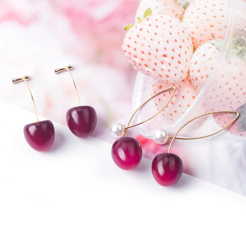 Artificial Red Gradient Cherry Cherry Pearl Earrings