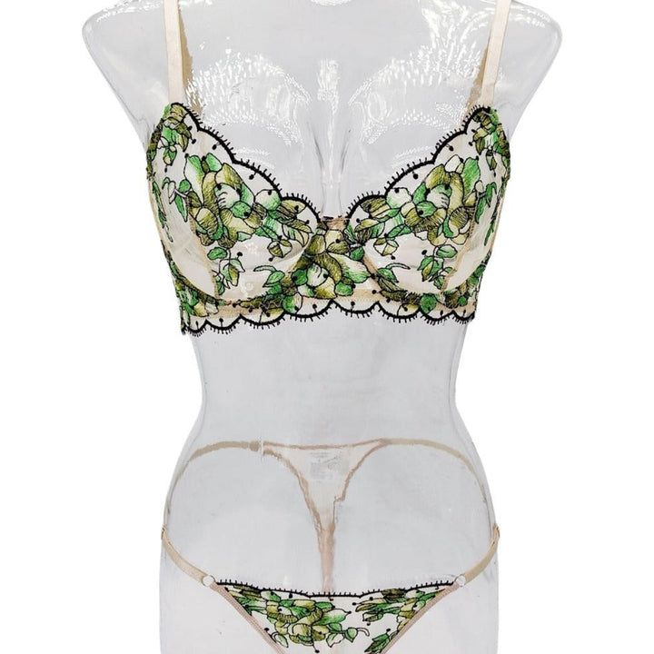 Women's Mesh Multi-color Embroidery Transparent Underwear Suit