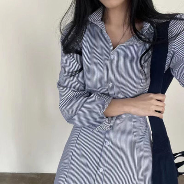 Striped Long-sleeved Shirt Dress Women's Single-breasted Skirt