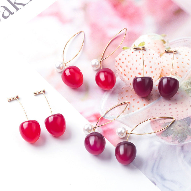 Artificial Red Gradient Cherry Cherry Pearl Earrings
