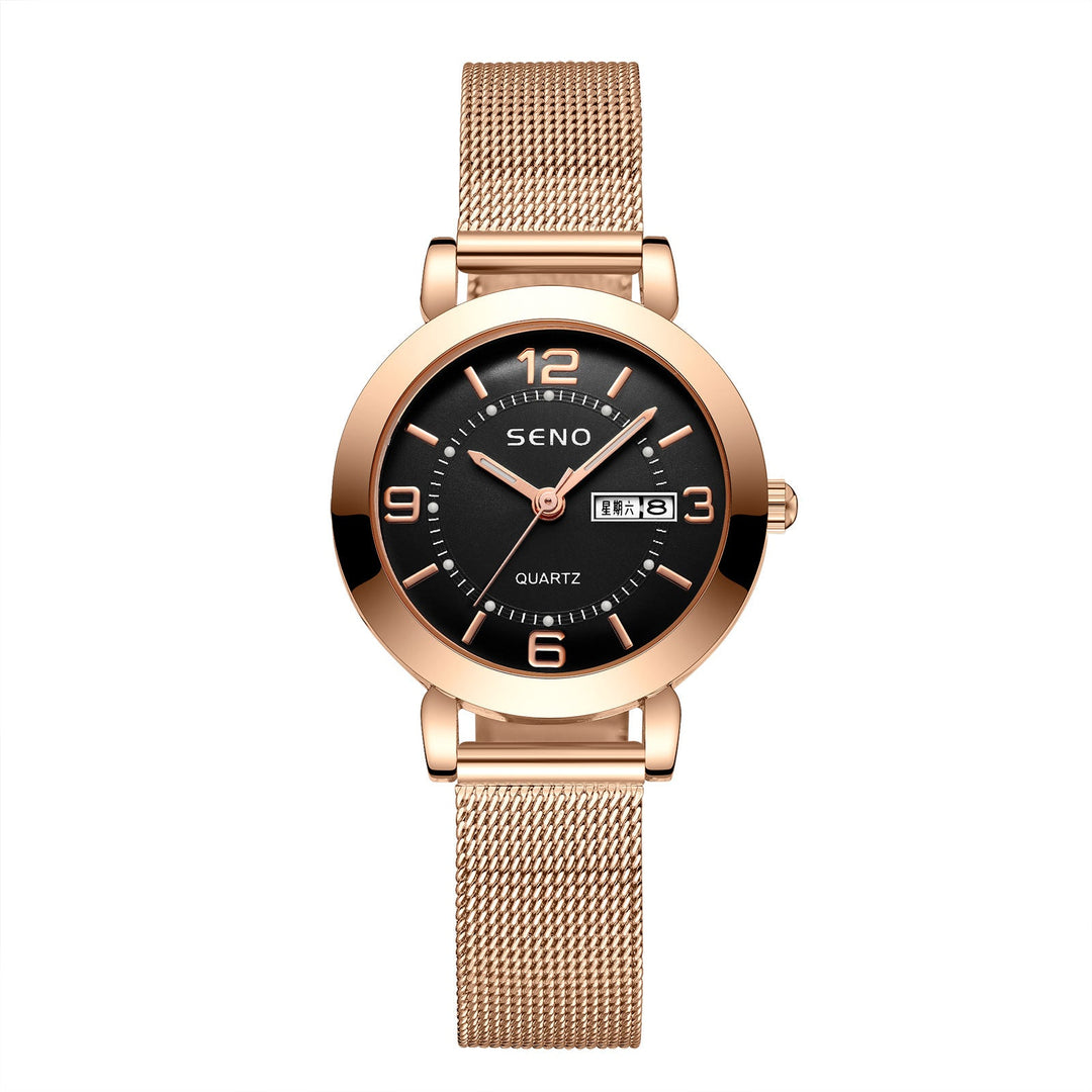 Night Light Waterproof Dual Calendar Women's Alloy Quartz Watch