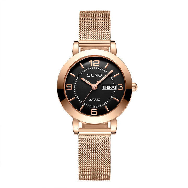 Night Light Waterproof Dual Calendar Women's Alloy Quartz Watch