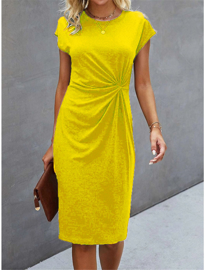 Women's Casual Tight Front Knot Round Neck Mid-length Dress