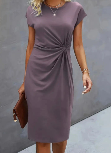 Women's Casual Tight Front Knot Round Neck Mid-length Dress