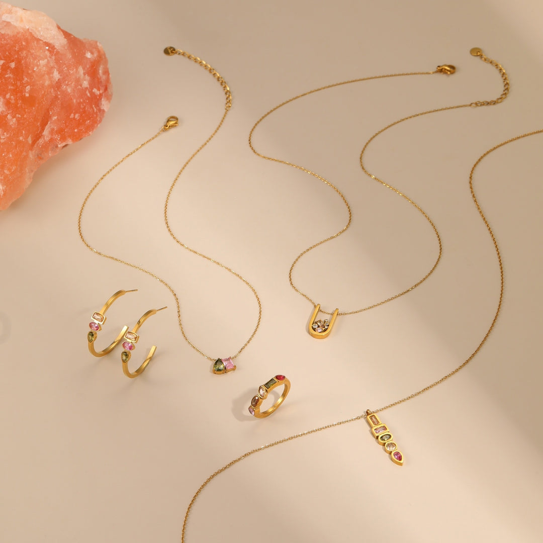 Geometric Color Zircon Necklace Gold Plated Design Sense Earrings Ring Ornament Suit