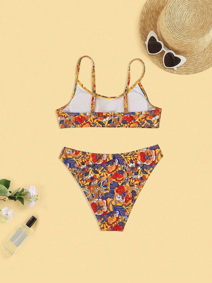 Plus Size Floral Print Strap Women's Bikini Swimsuit