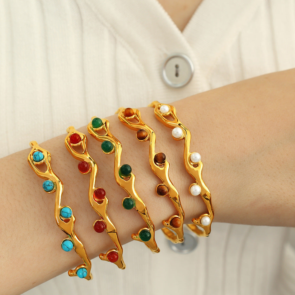 French Retro Titanium Steel 18K Gold Plating Natural Stone Bracelet