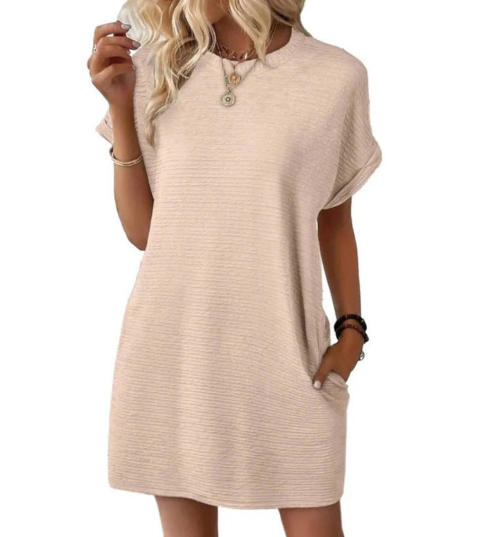 Loose Round Neck Pocket Solid Color Short Sleeve Dress Women