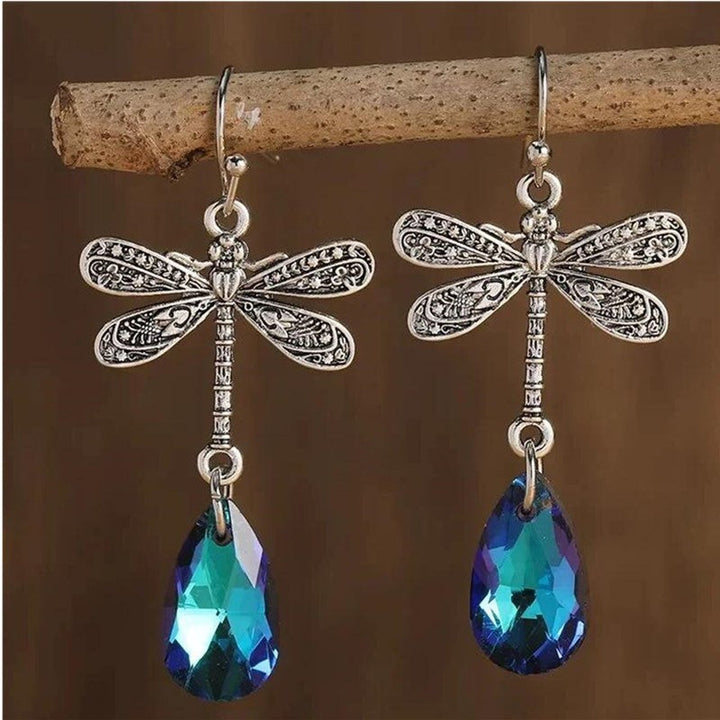Dark Night Engraved Dragonfly Sapphire Water Drop Pendant Earrings