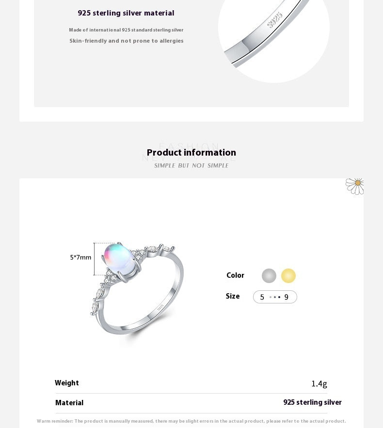 S925 Sterling Silver Ins Cold Style Moonstone Ring