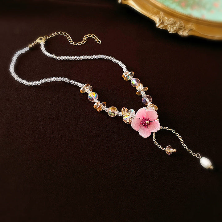 Female Crystal Diamond Flower Pearl Tassel Necklace