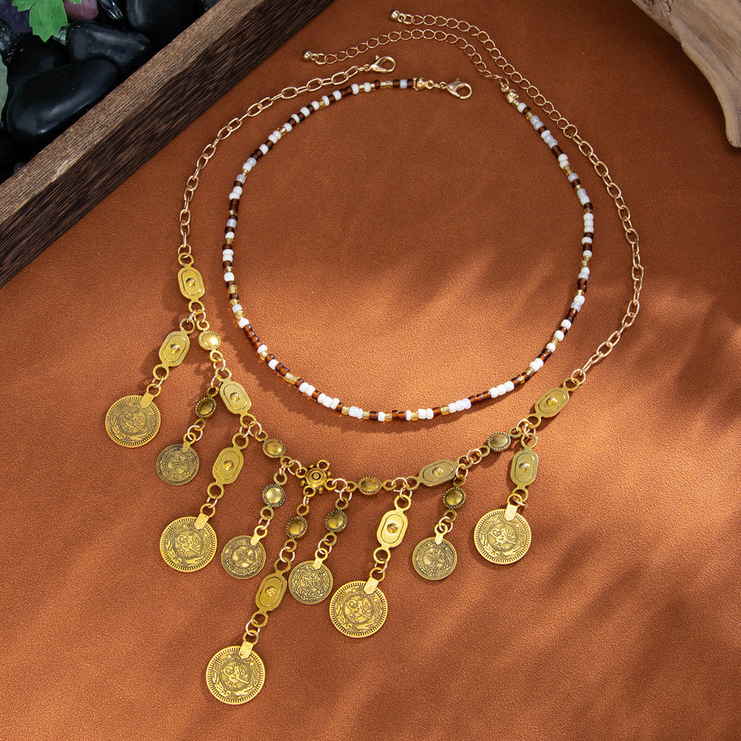 Metal Coin Pendant Tassel Bead Necklace