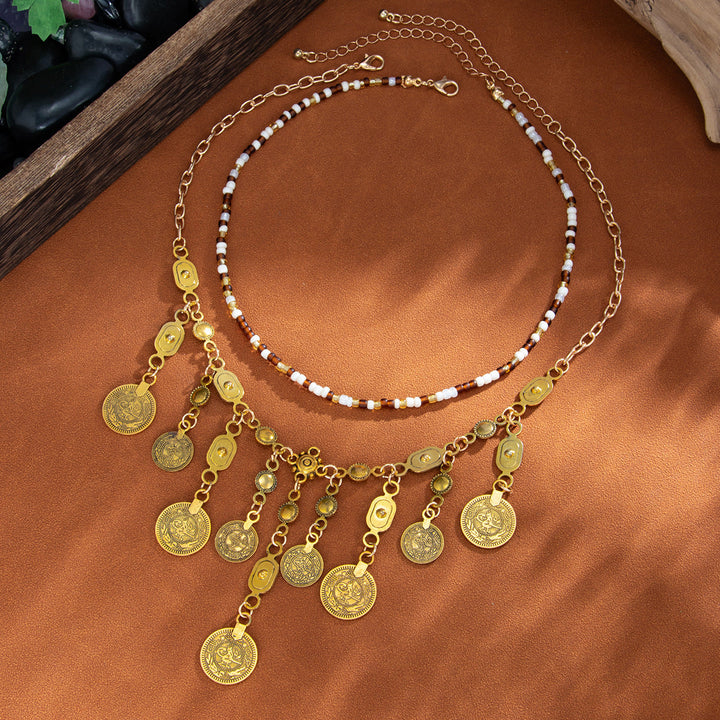 Metal Coin Pendant Tassel Bead Necklace