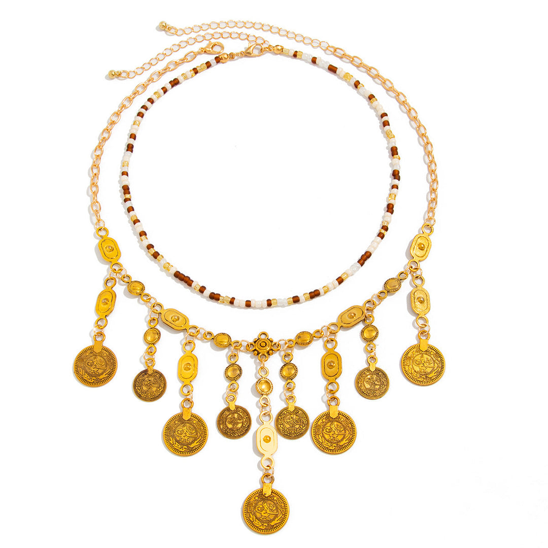 Metal Coin Pendant Tassel Bead Necklace
