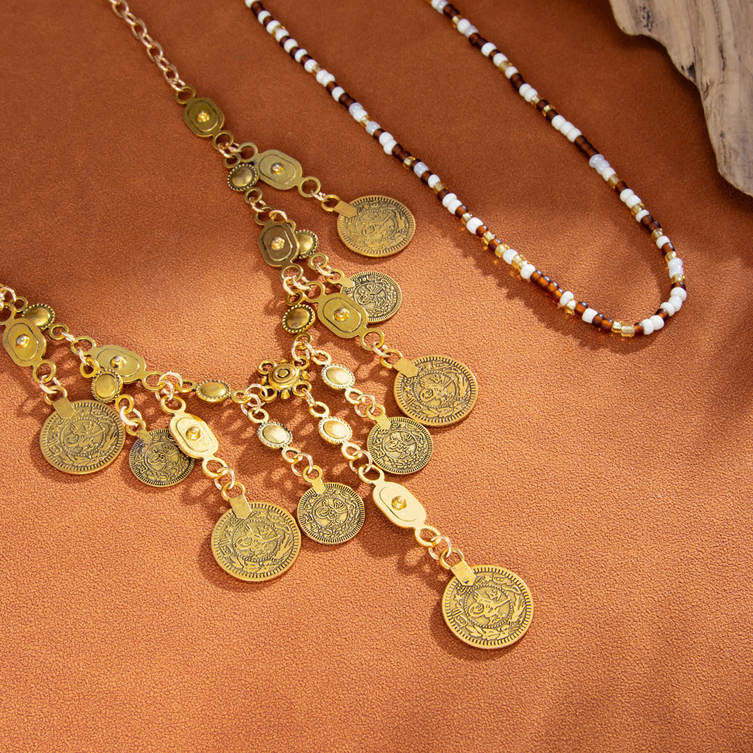 Metal Coin Pendant Tassel Bead Necklace