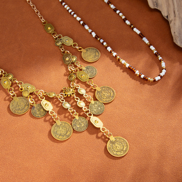 Metal Coin Pendant Tassel Bead Necklace