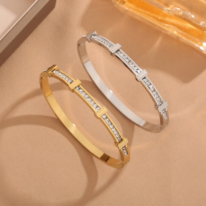 Simple Zircon Double Layer Geometric Open Bracelet