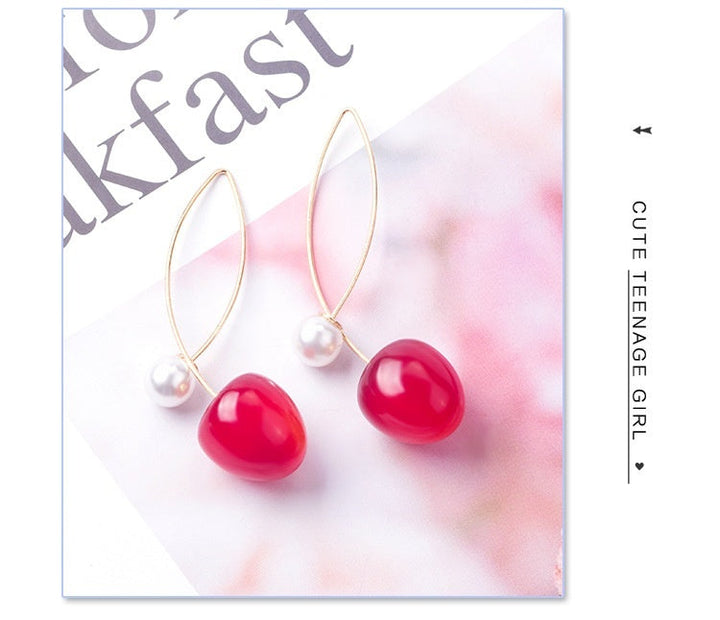 Artificial Red Gradient Cherry Cherry Pearl Earrings