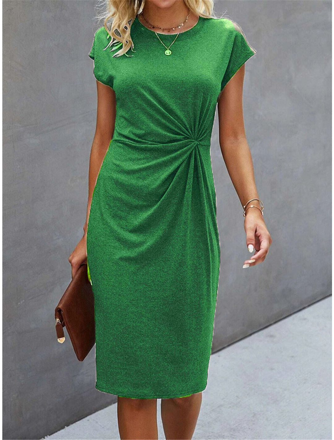 Women's Casual Tight Front Knot Round Neck Mid-length Dress