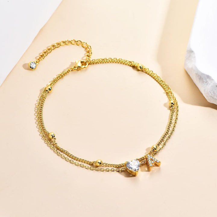 26 Letters Loving Heart Zircon Inlaid Layered Anklet