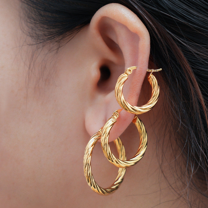 Retro Style Women's Trend Round Twill Stainless Steel Earrings Suit