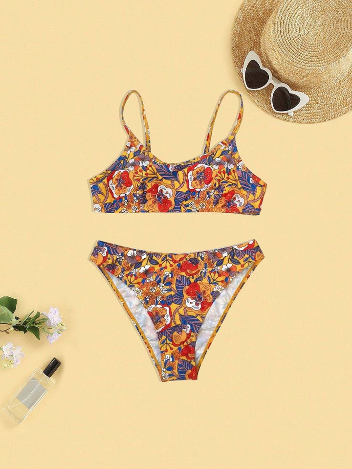 Plus Size Floral Print Strap Women's Bikini Swimsuit