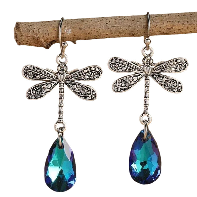 Dark Night Engraved Dragonfly Sapphire Water Drop Pendant Earrings
