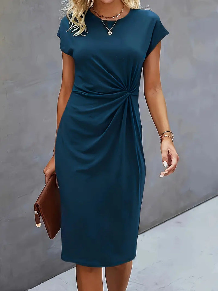 Women's Casual Tight Front Knot Round Neck Mid-length Dress