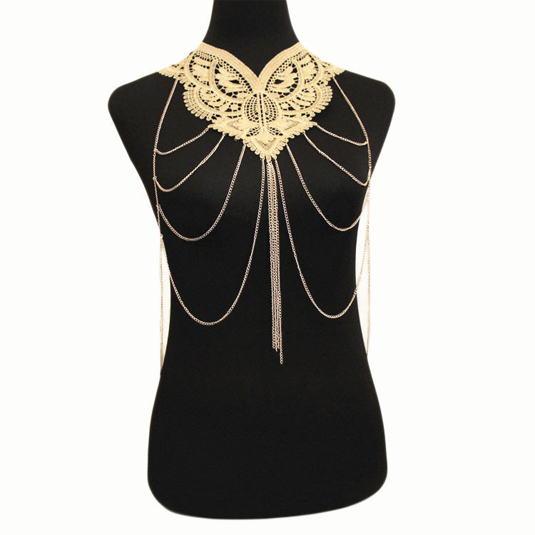 Gold Lace Fashion Exaggerated Necklace Multi-layer Tassel Body Chains