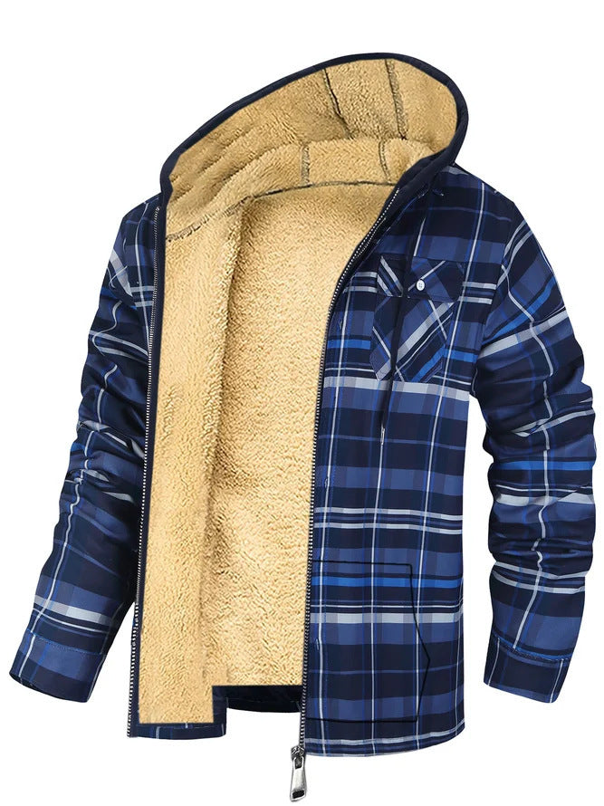 Men's Plaid Print Hooded Zip-Up Jacket Winter Thickened Cotton-padded Coat Warm Clothing