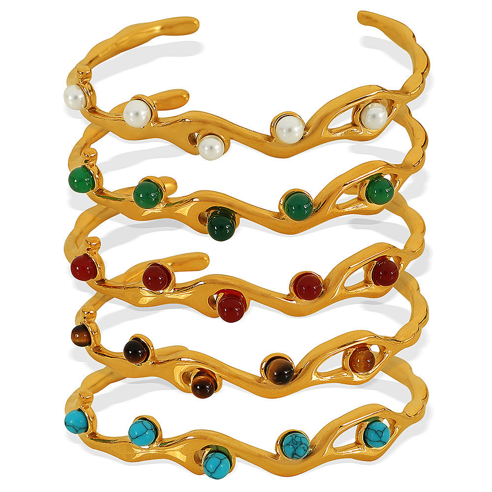 French Retro Titanium Steel 18K Gold Plating Natural Stone Bracelet