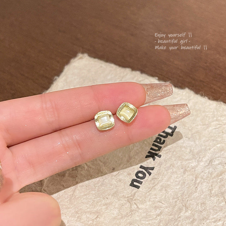 Silver Needle Simple Geometric Opal Stone Ear Studs Women
