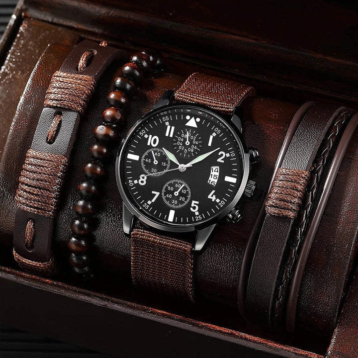 Single Calendar Fake Three-eye Canvas Quartz Watch Pu Bracelet Set