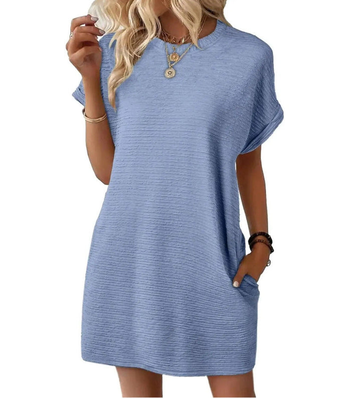 Loose Round Neck Pocket Solid Color Short Sleeve Dress Women