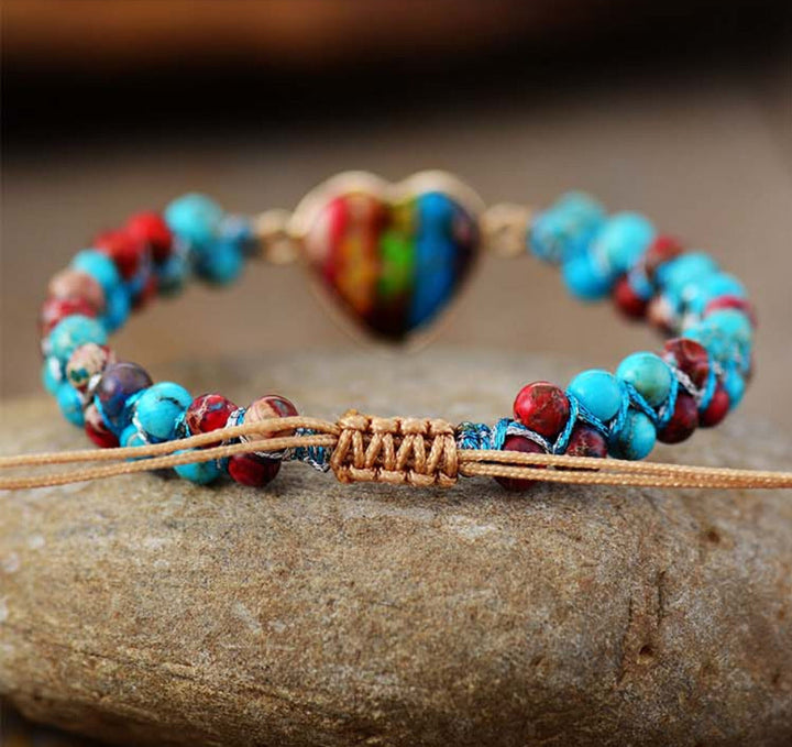 Lovely Natural Emperor Stone Colorful Peach Heart Hand-woven Tassel Friendship Bracelet
