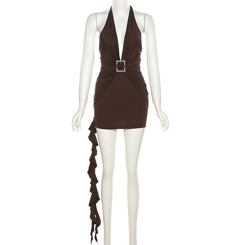 European And American Fashion & Trend Sexy Halter Backless Slim Fit Sheath Solid Color Dress